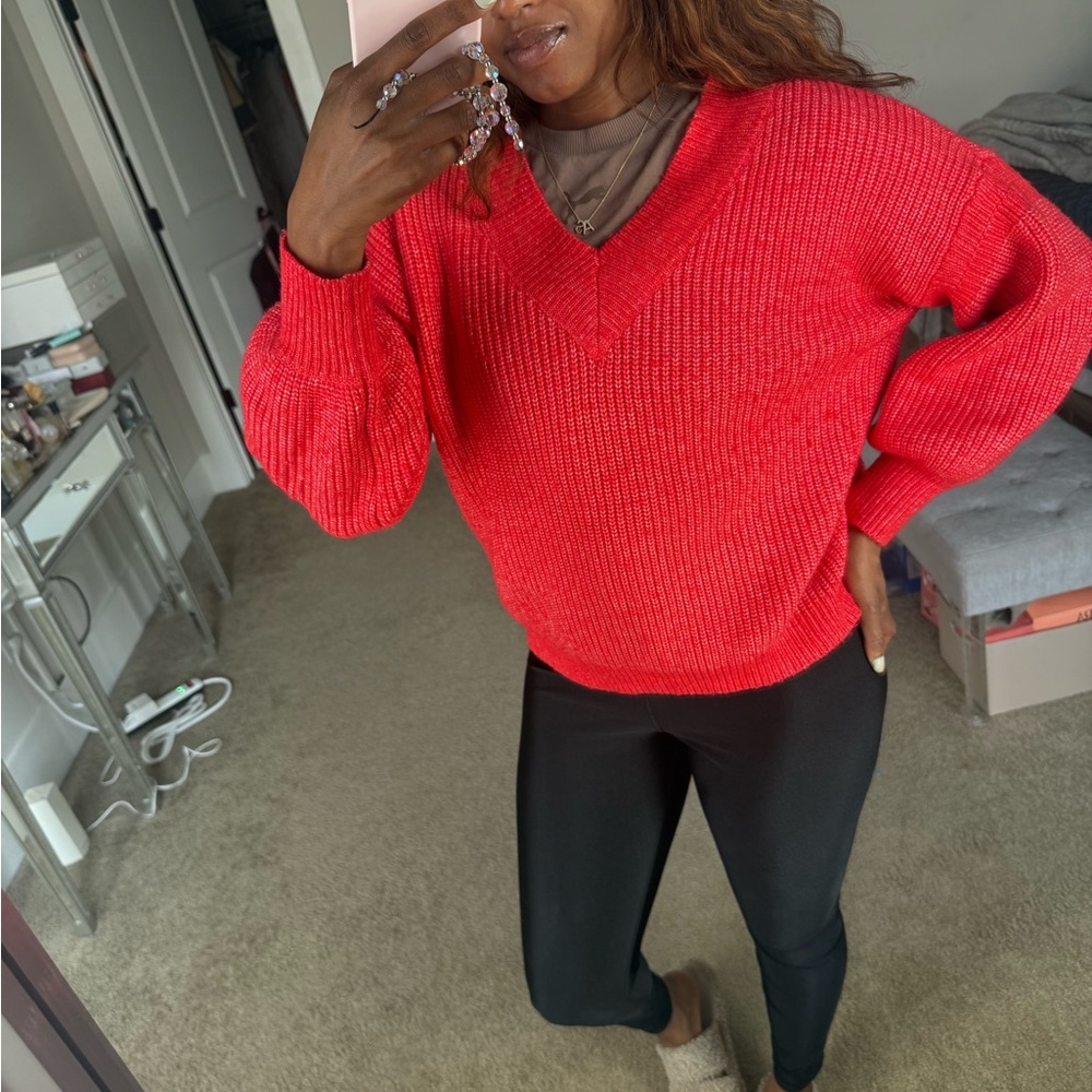 Red V-Neck Ribbed Knit Sweater - Women